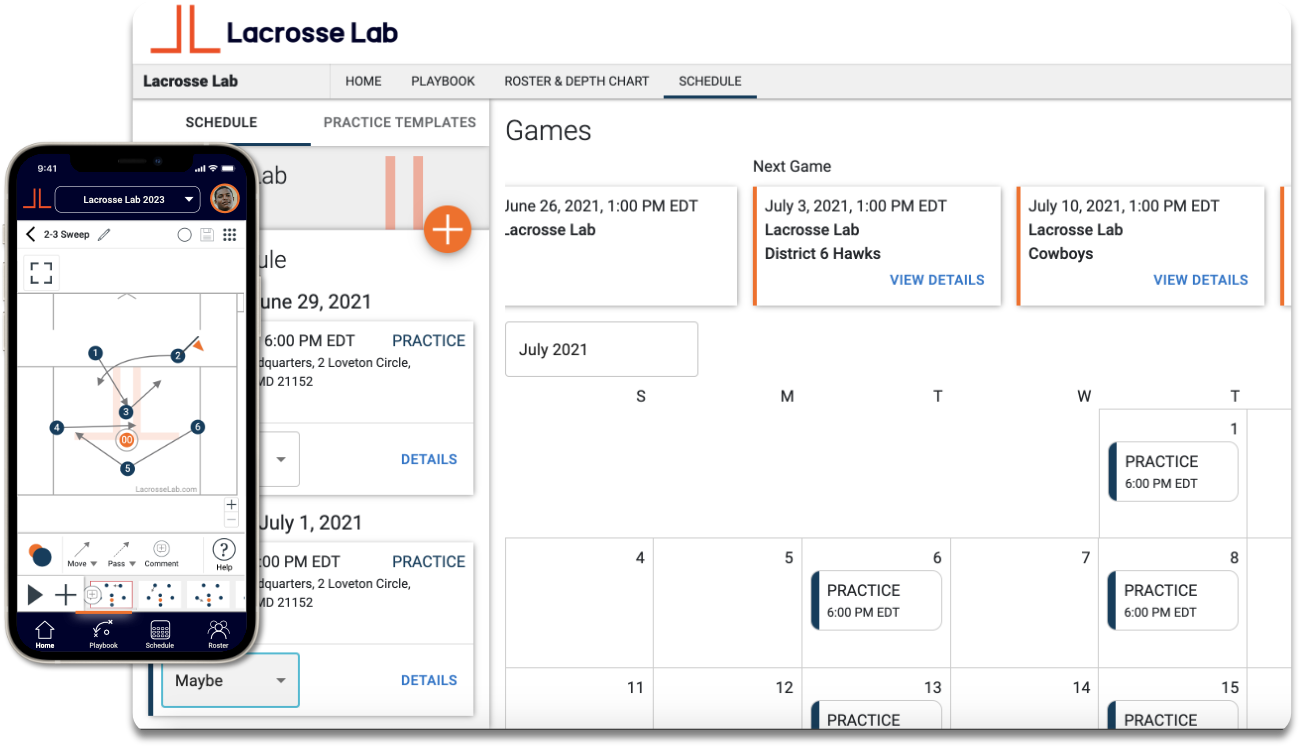 Screenshot of Lacrosse Lab showing the lacrosse play designer and team schedule.