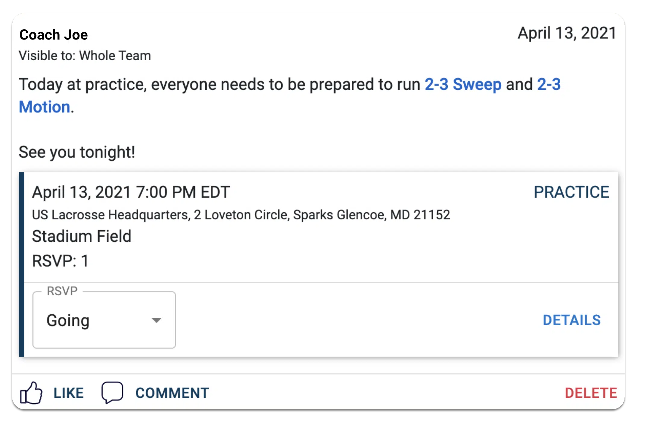 Screenshot of Lacrosse Lab team communication and practice planning