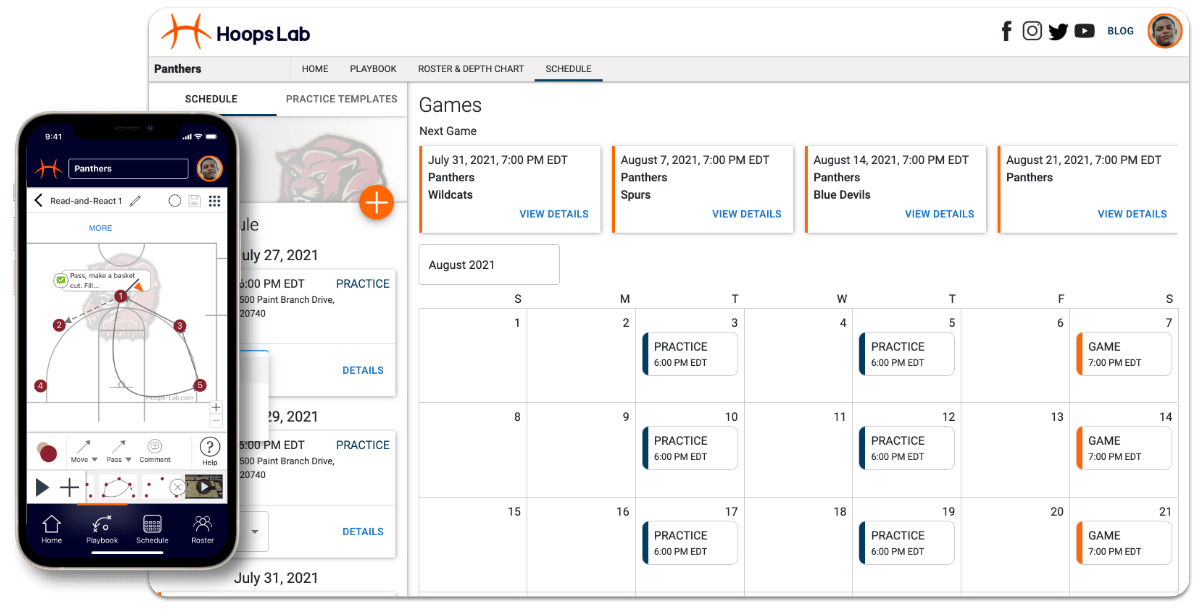 Screenshot of Hoops Lab showing the basketball playbook designer and the team schedule.