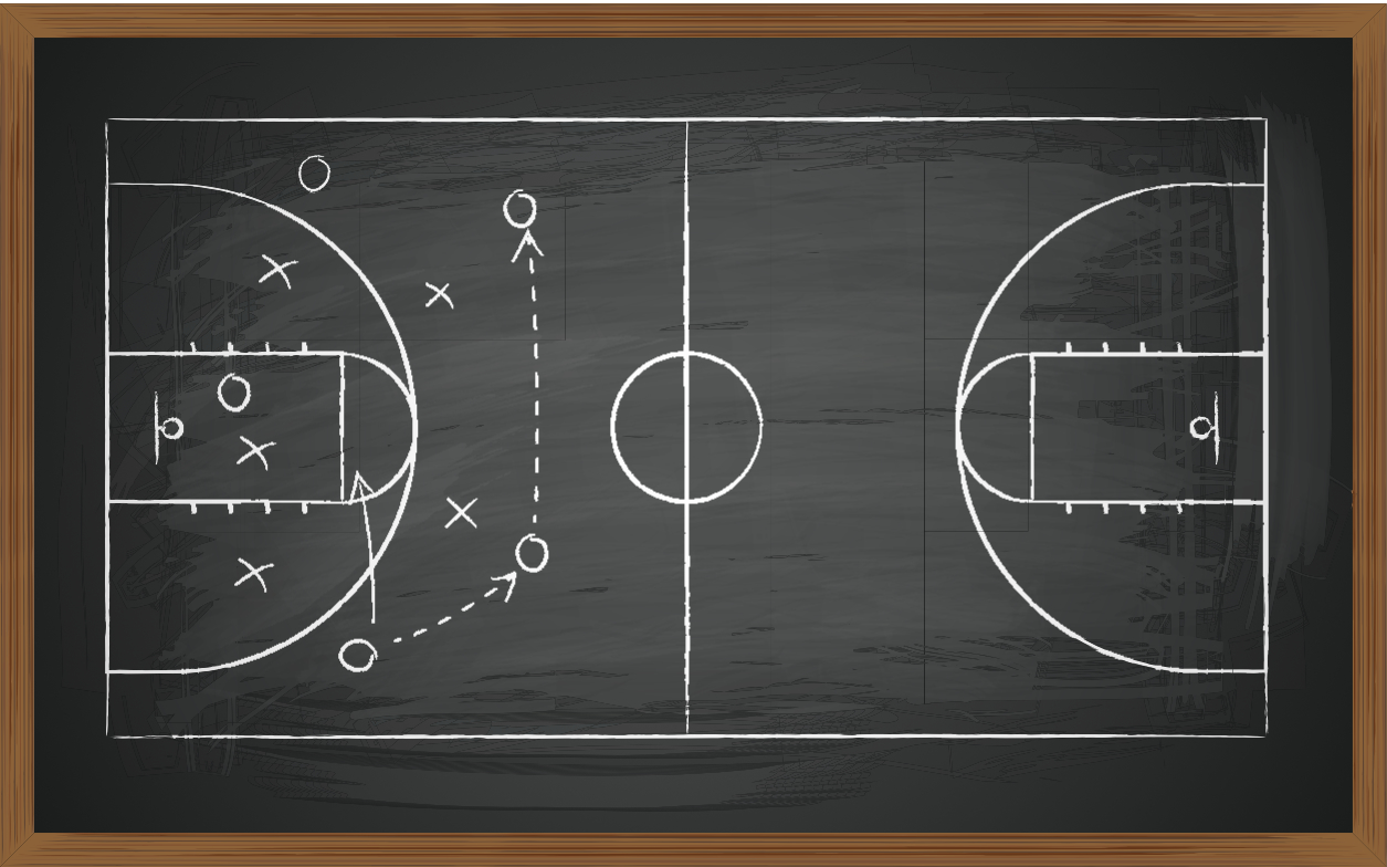 A chalkboard with a basketball play drawn on it.