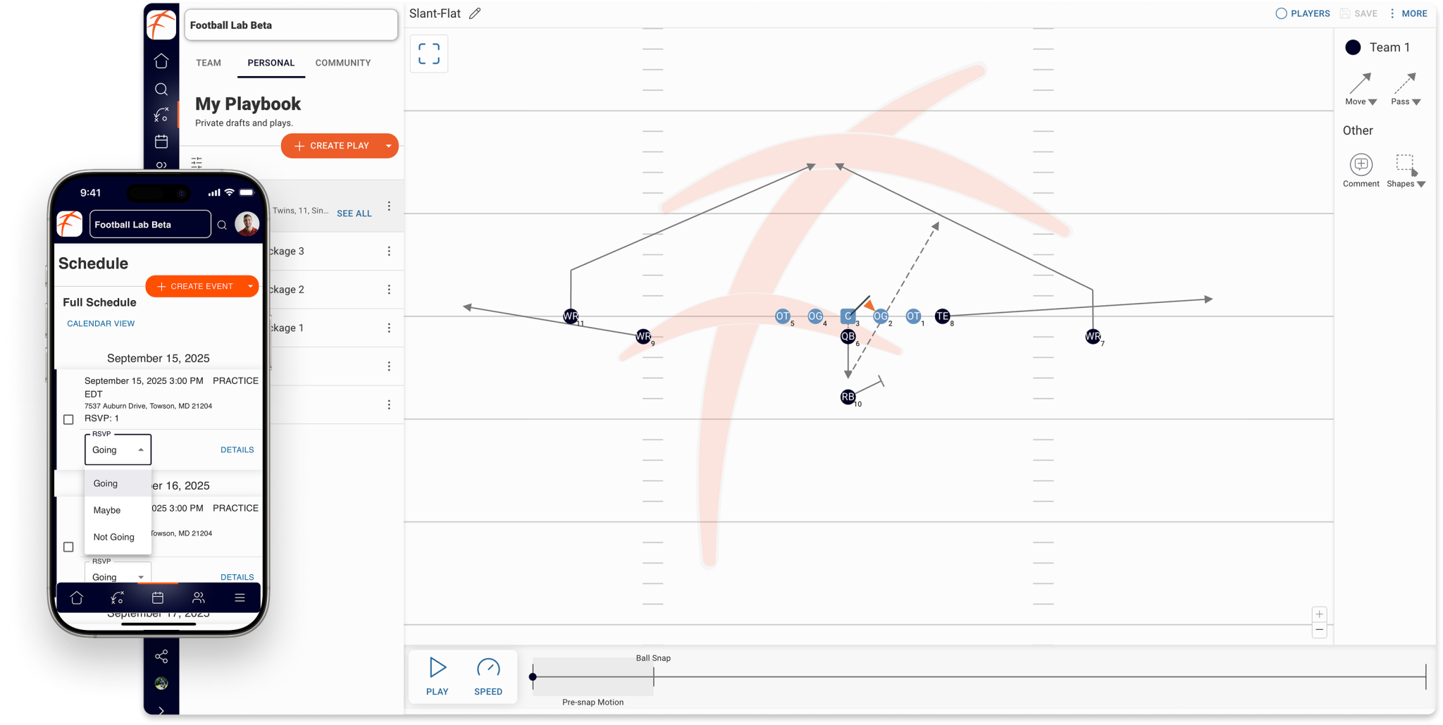 Combination screenshot of the play designer in a desktop orientation and team schedule on a mobile device.