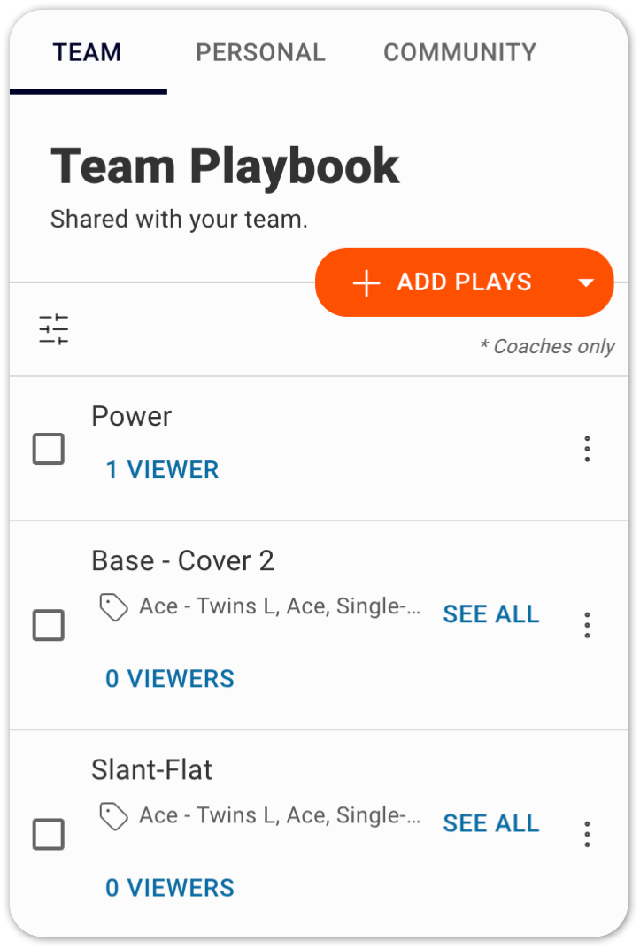 Screenshot of the Team Playbook List, featuring play names, formations, and viewer counts.