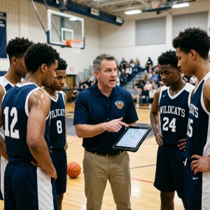 Basketball coach showing plays on a tablet to players during a team huddle