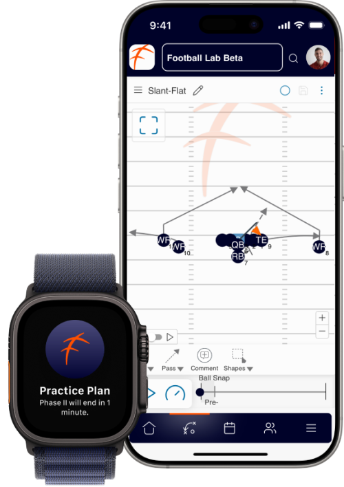 Football Lab App showing play designer on a phone and a practice plan notification on the watch.