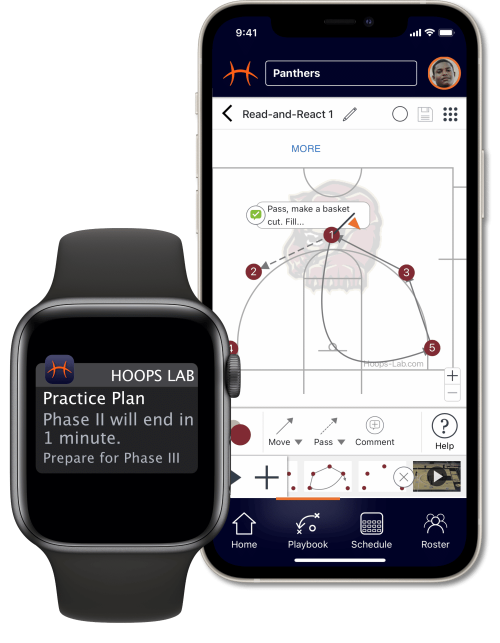 Hoops Lab app showing basketball play designer and practice planning notification.
