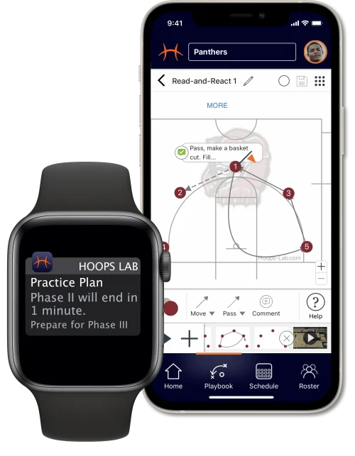 Hoops Lab app showing basketball play designer and practice planning notification.