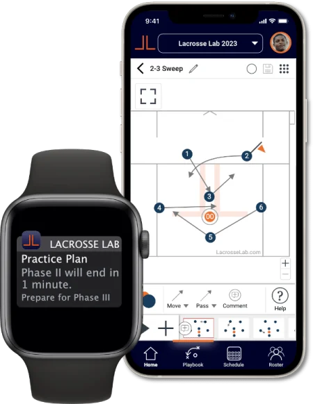 Lacrosse Lab play designer and practice planning on phone and watch screens
